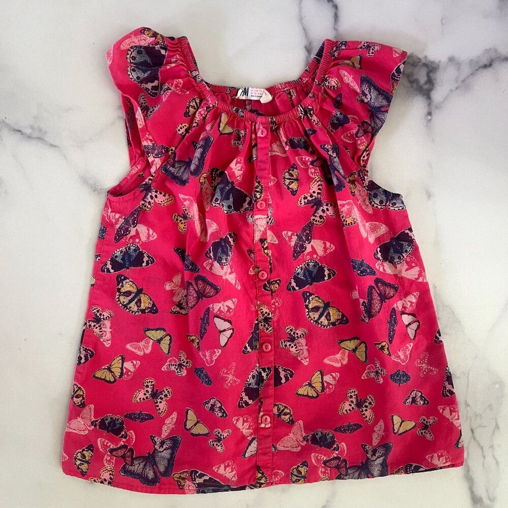 H&M Butterfly Print Buttoned Sleeveless Top, Pink Peony, Size 5-6
